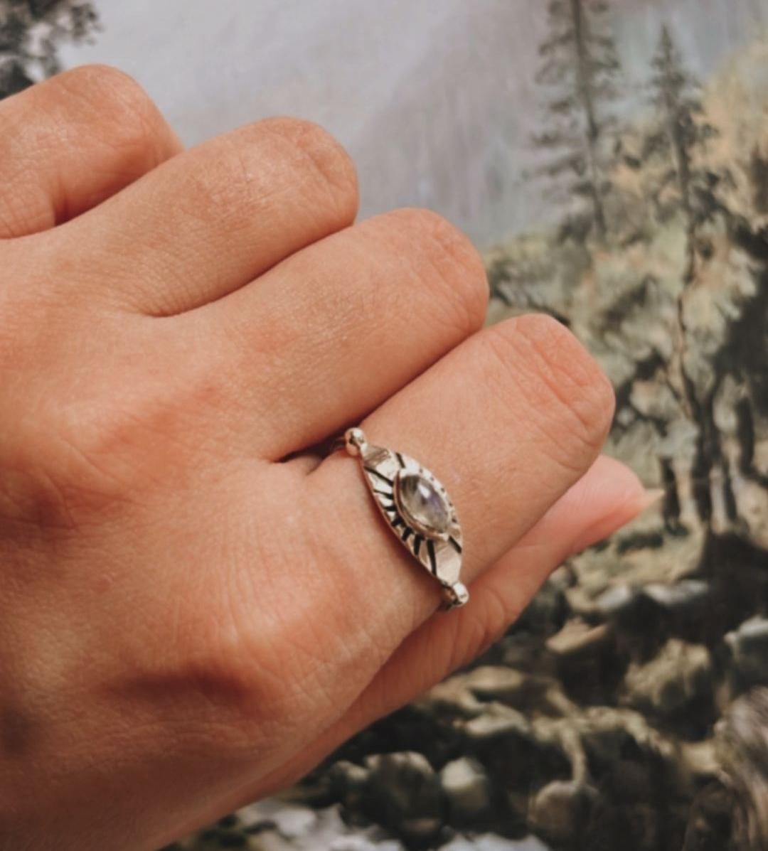 Timeless Moonstone Evil Eye Ring in Sterling Silver
