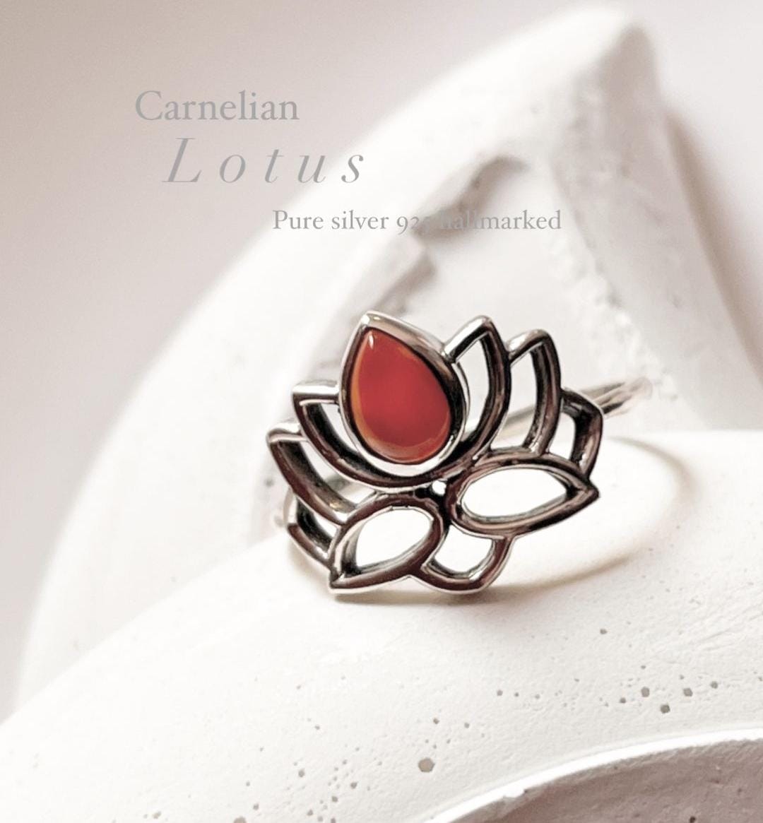 Carnelian Divine Lotus silver ring with intricate lotus design