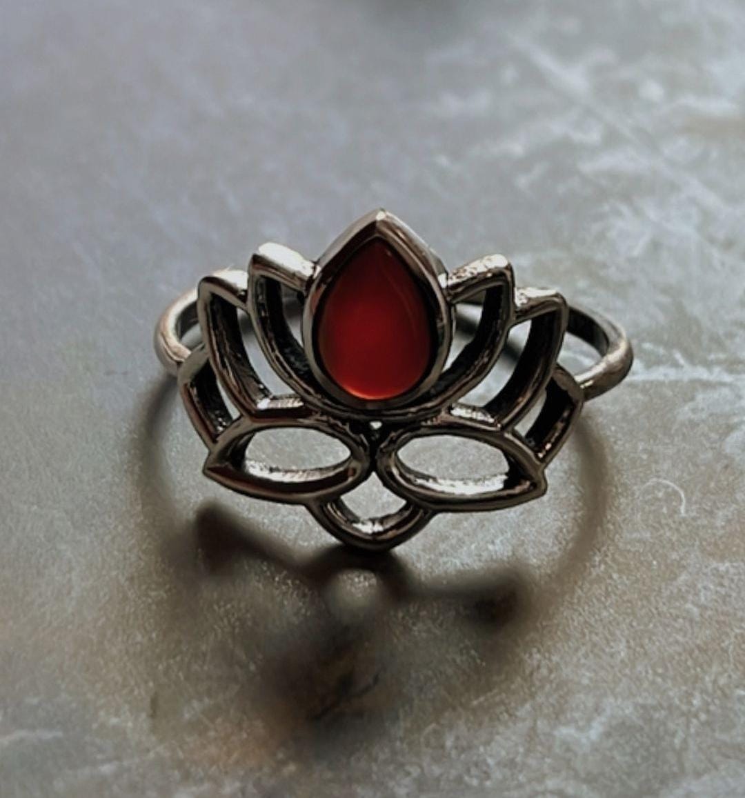 Elegant Divine Lotus silver ring with carnelian stone
