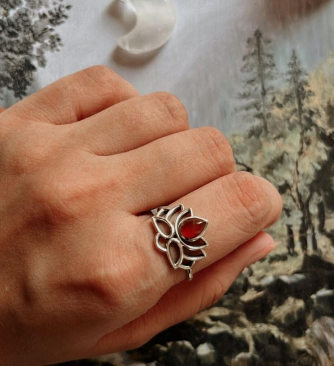 Handcrafted silver ring with carnelian and lotus flower design