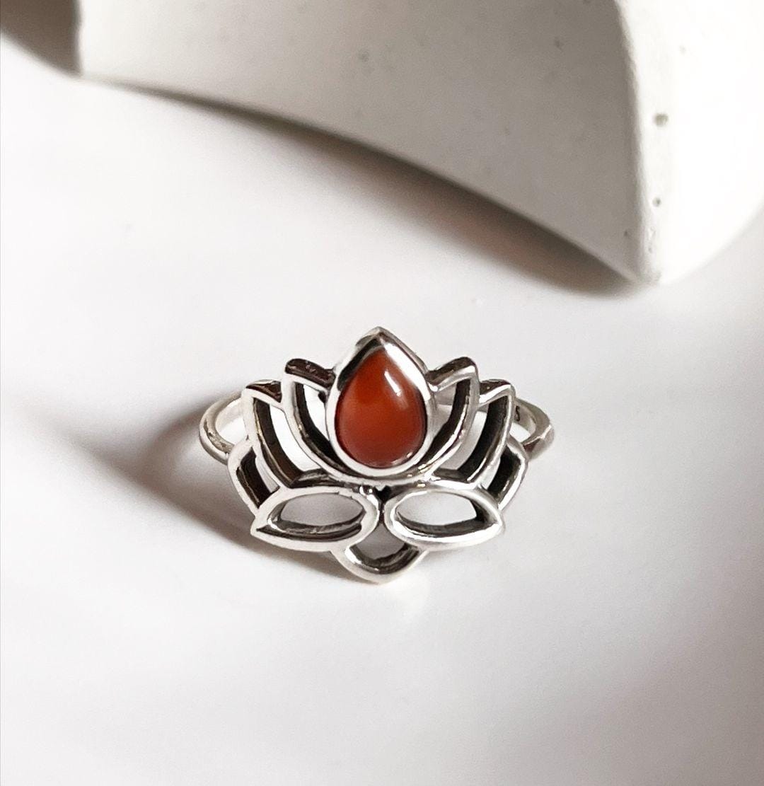 Divine Lotus silver ring with vibrant carnelian gemstone