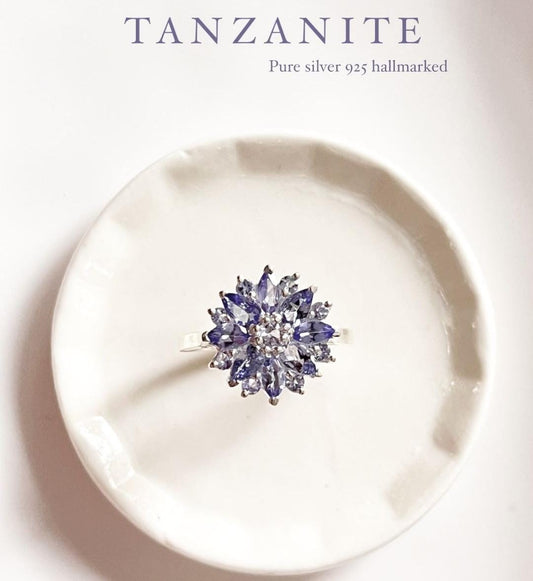 Bold tanzanite flower design silver statement ring