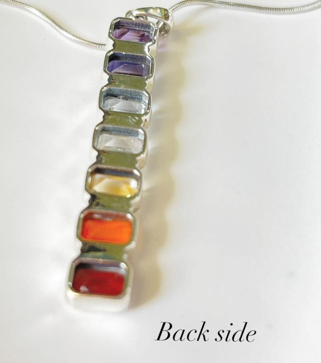 Spiritual seven chakra silver pendant with rectangular gemstones