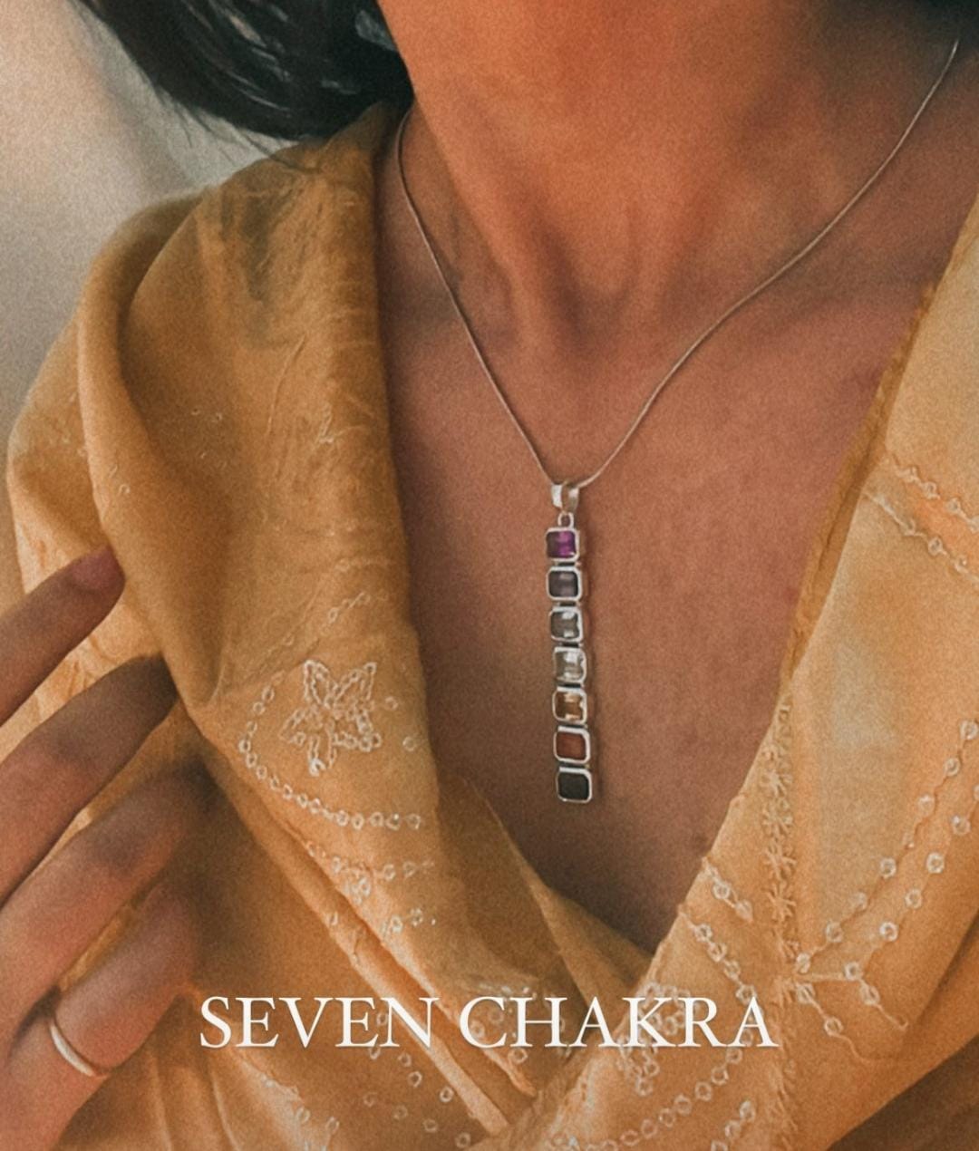 Seven Chakra rectangular cut statement silver pendant