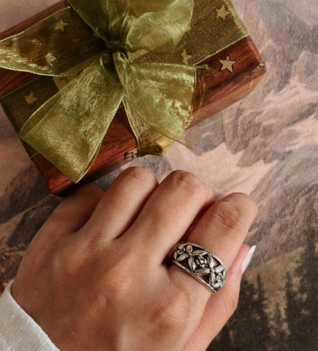 Floral tribal-inspired silver ring