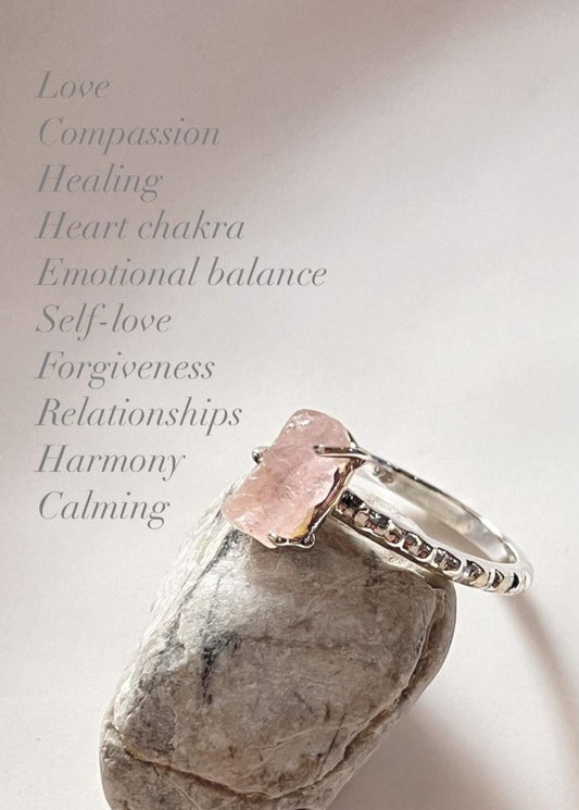 Handcrafted rose quartz raw uncut ring with dotted 925 sterling silver band