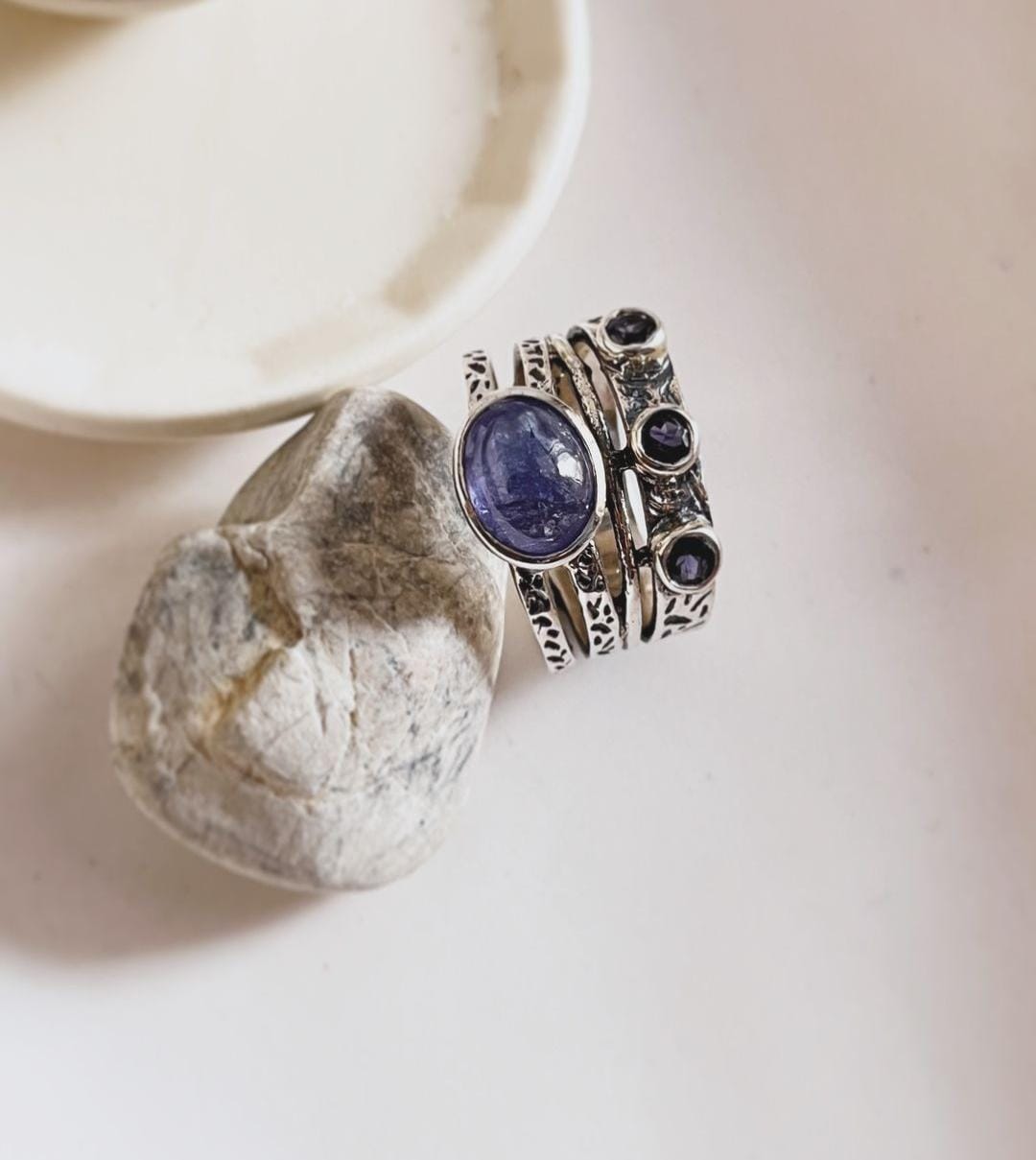 Charming tanzanite rustic stone ring in sterling silver