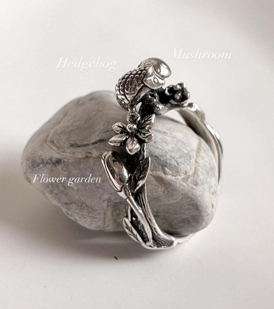Forest Enchantment Hedgehog Mushroom Sterling Silver Ring