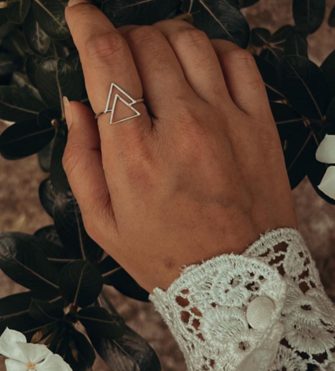 Stylish double triangle silver ring with a refined, polished shine
