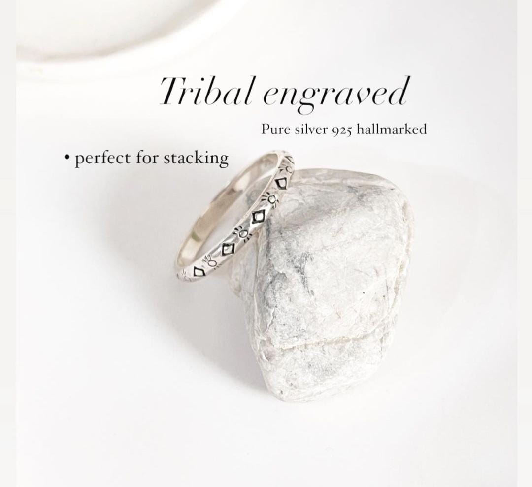 925 sterling silver stackable band ring with tribal engraving
