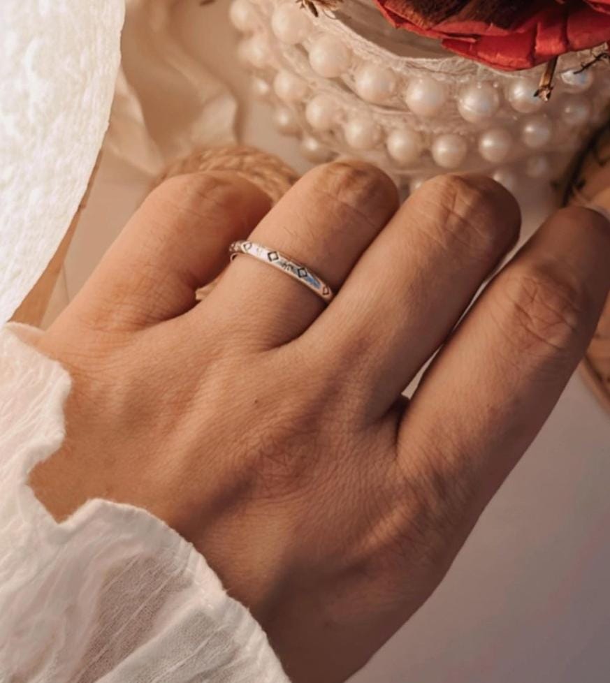 Charming tribal engraved stackable silver band ring