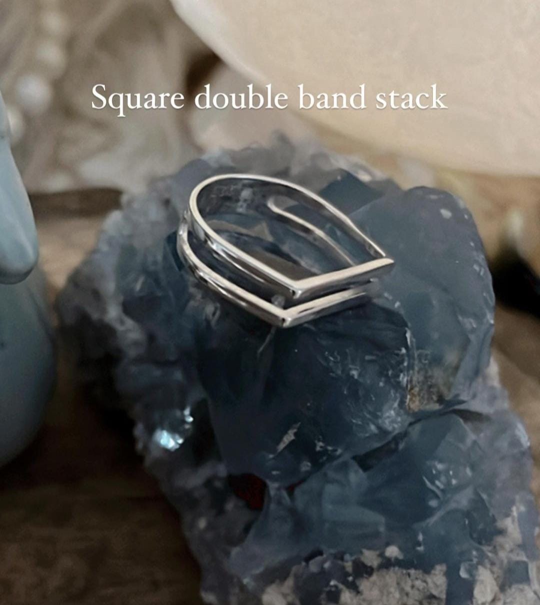 Elegant double square stackable silver ring with sleek, modern design