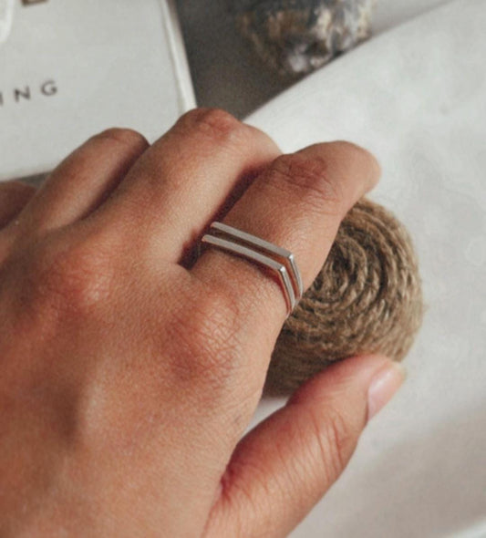Minimalist double square stackable silver ring with contemporary appeal