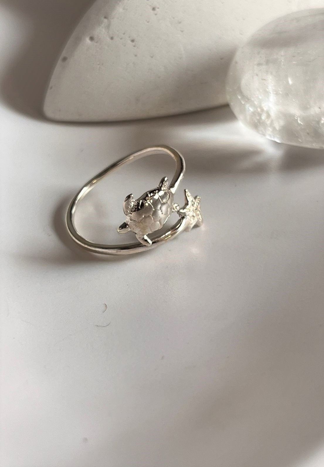 Adjustable Silver Ring with Tortoise and Starfish Motif 