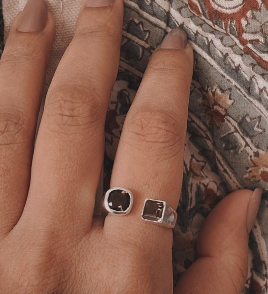 Double square smokey quartz stones in sterling silver ring