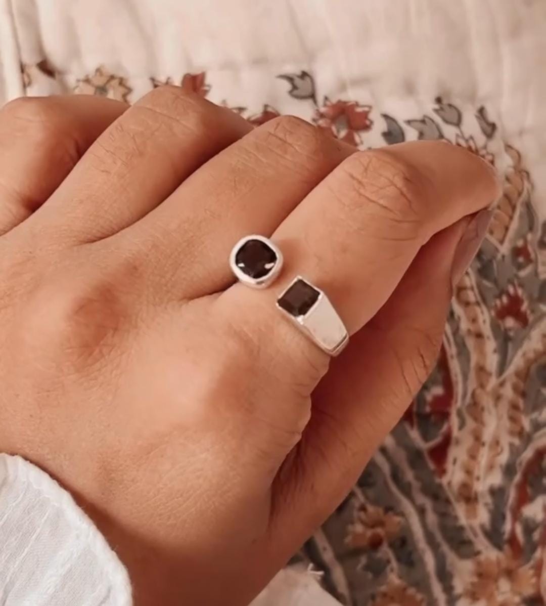 Stylish double square silver ring with smokey quartz gemstones
