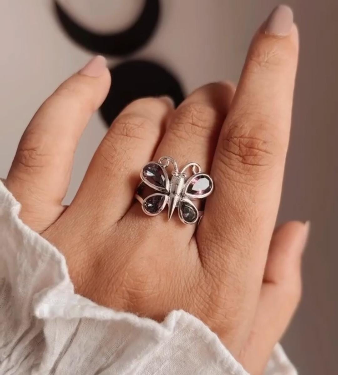 Sterling Silver Ring with Butterfly and Mystic Topaz