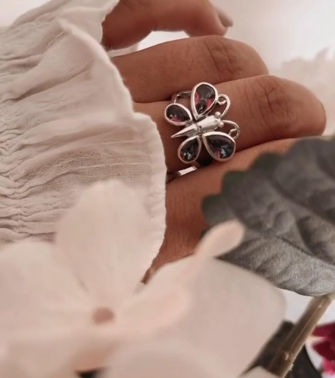 Sterling Silver Ring with Mystic Topaz Butterfly Design