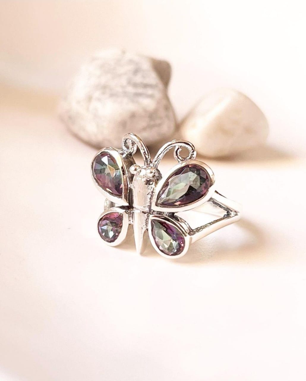 Mystic Topaz Butterfly Design Silver Ring