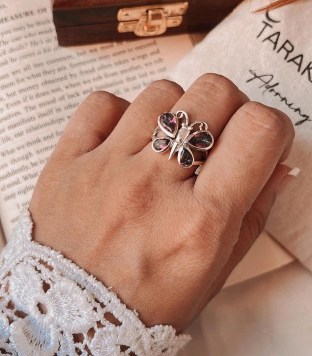 Mystic Topaz Butterfly Silver Ring for Women