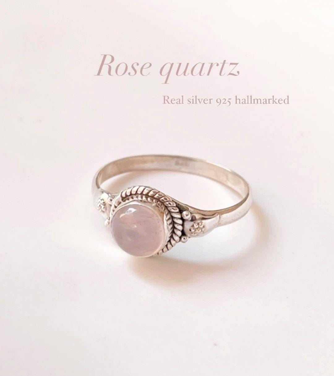 Elegant rose quartz round ring with boho silver setting