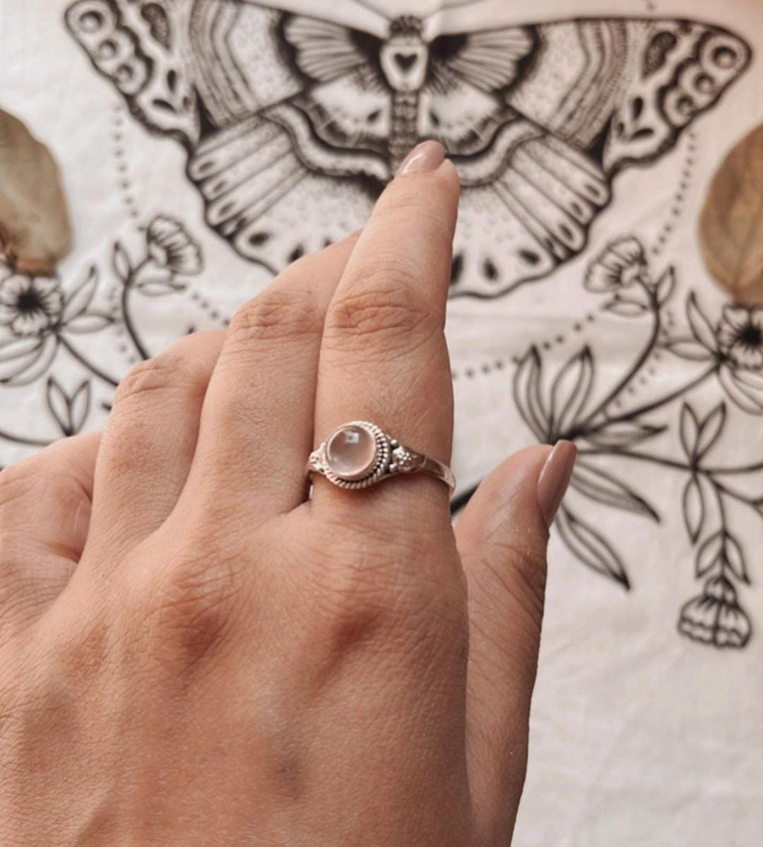 Timeless rose quartz round boho ring in sterling silver