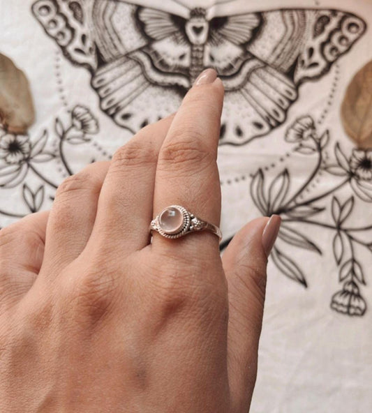 Timeless rose quartz round boho ring in 925 Sterling Silver