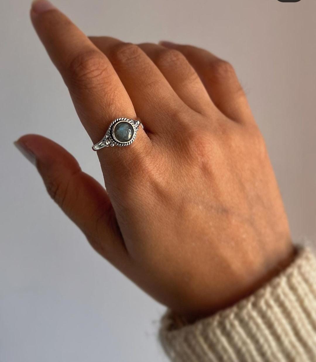 Sterling Silver Round Labradorite Ring for Boho Fashion