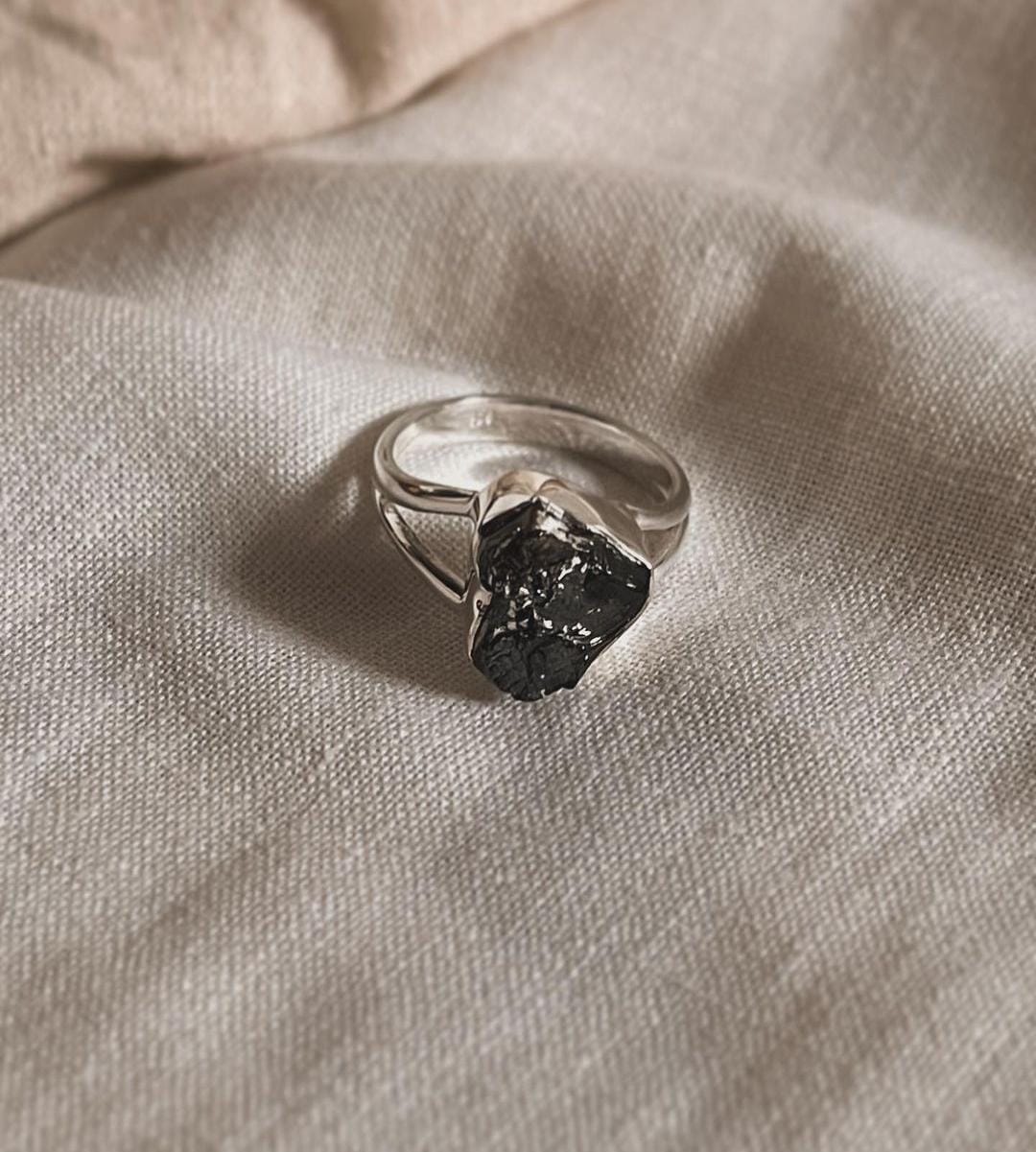 Black Tourmaline Raw Uncut Silver Ring