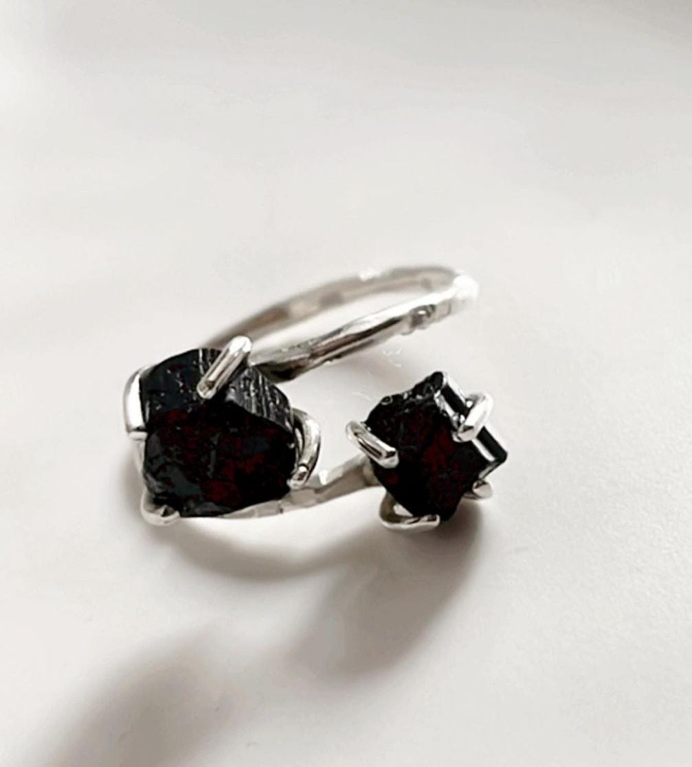 Unique Black Tourmaline Double Raw Uncut Silver Ring