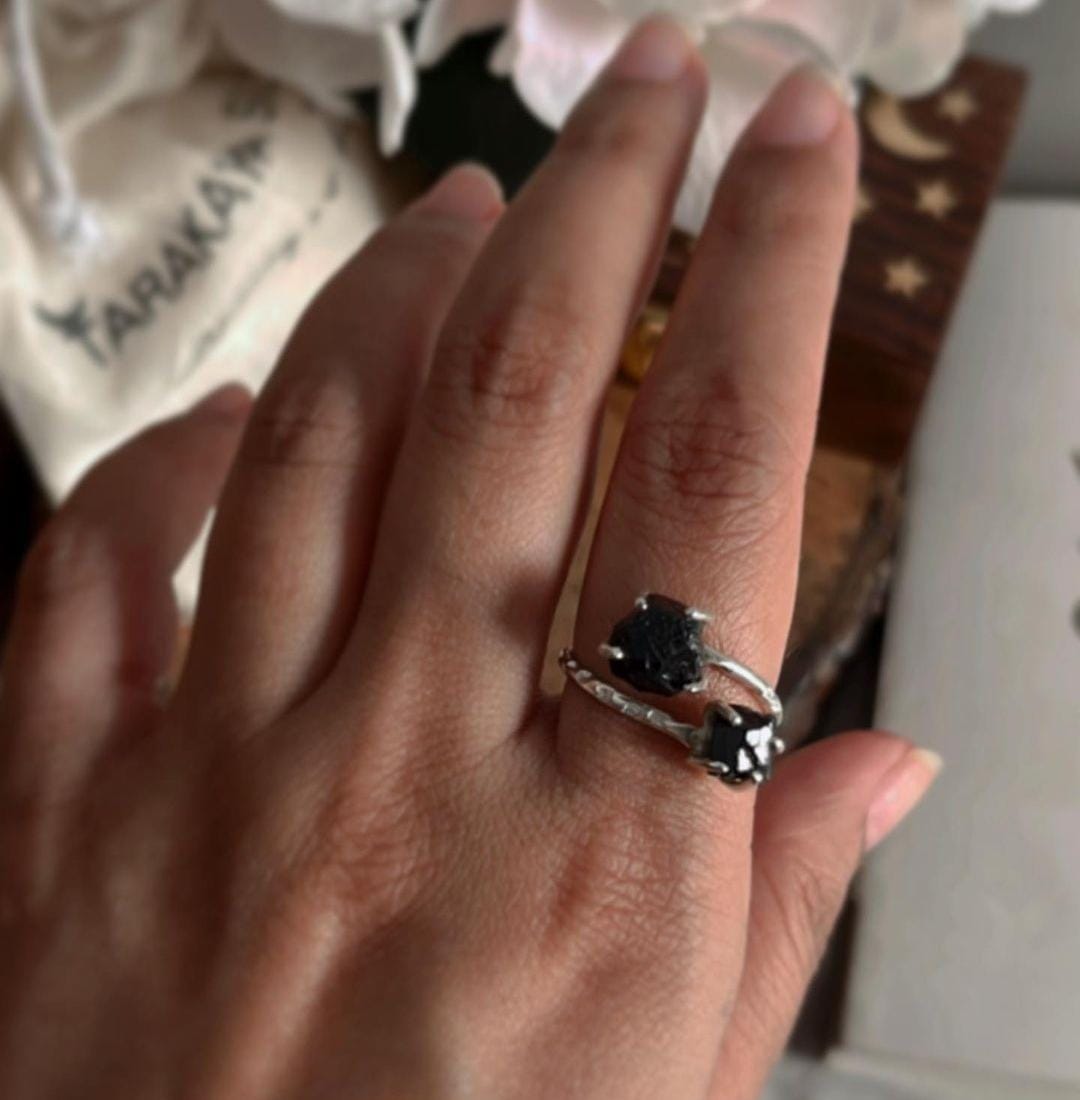 Chic Adjustable Silver Ring Featuring Double Raw Black Tourmaline
