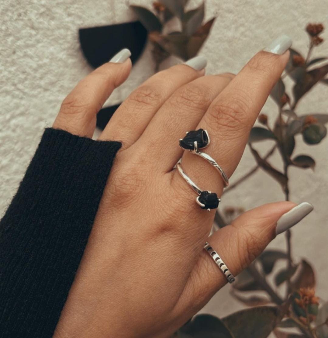 Raw Black Tourmaline Double Stone Adjustable Silver Ring