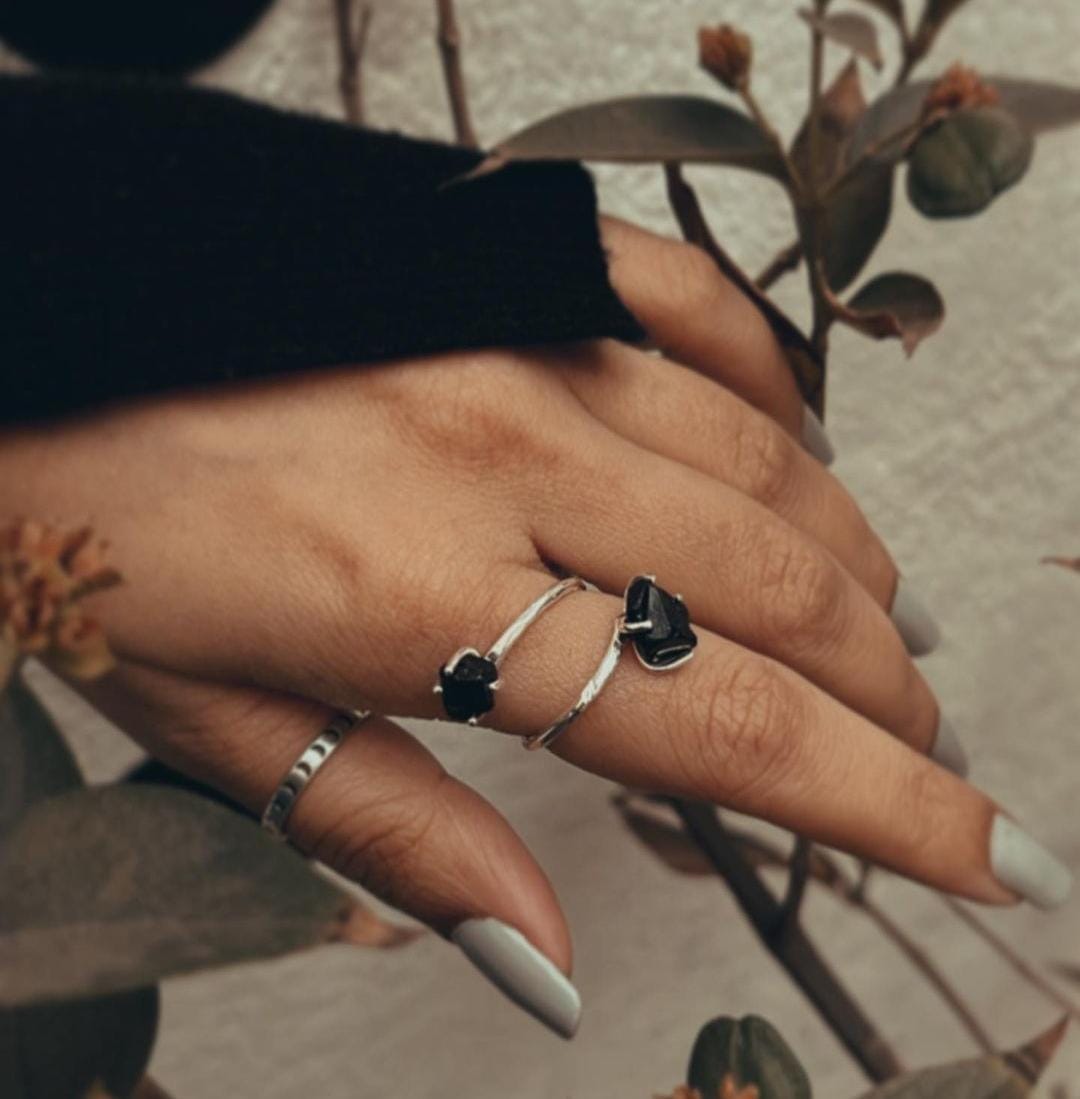 Black Tourmaline Double Raw Uncut Adjustable Silver Ring