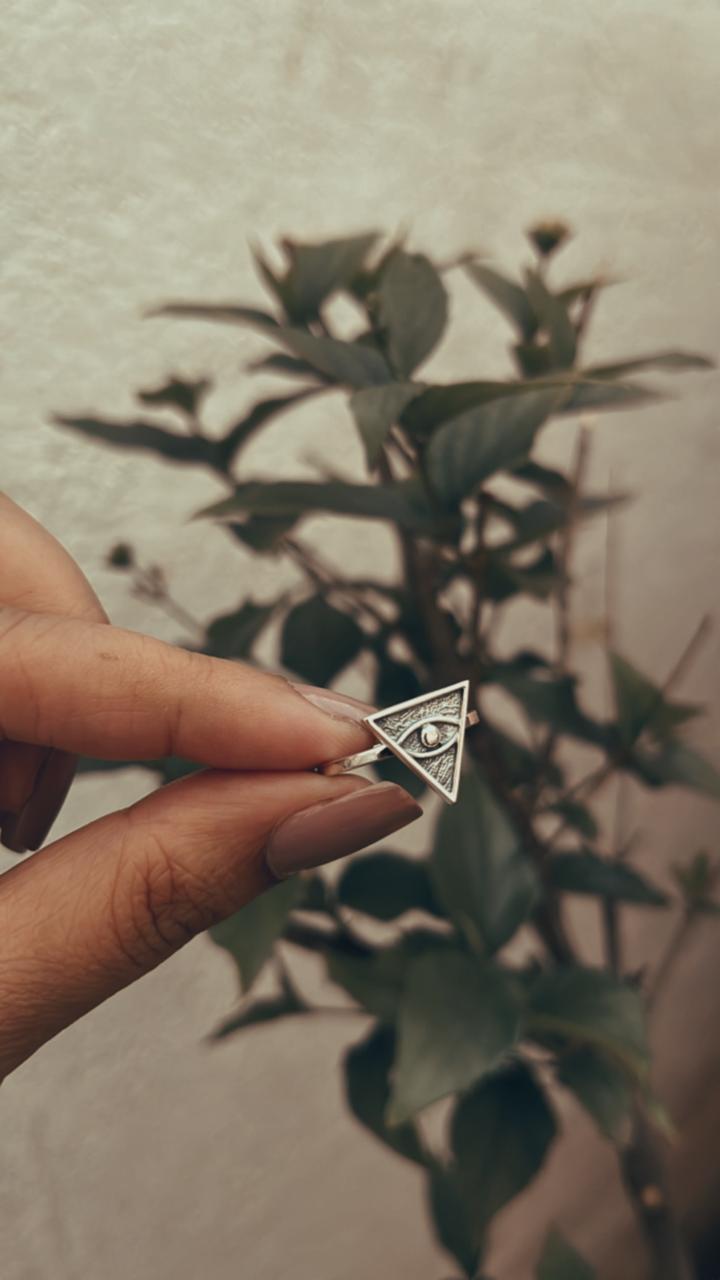 Modern Eye of Providence silver ring with an intricate and protective look