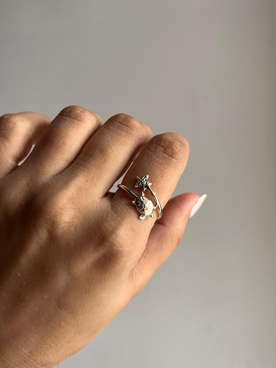 Handmade Tortoise Starfish Silver Ring with Adjustable Band
