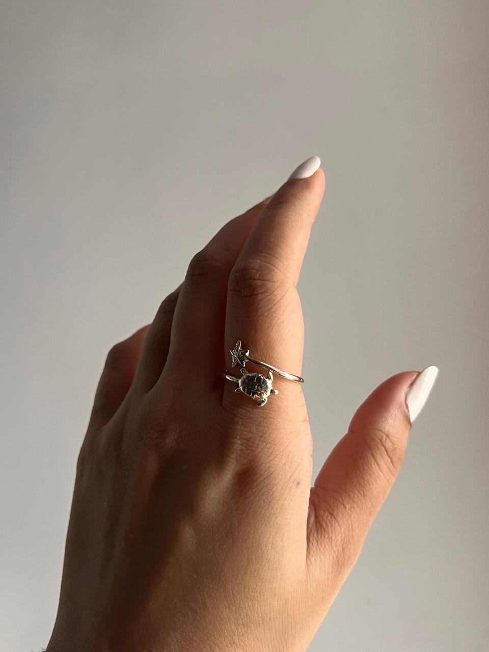 Tortoise and Starfish Silver Ring for Nature Lovers 