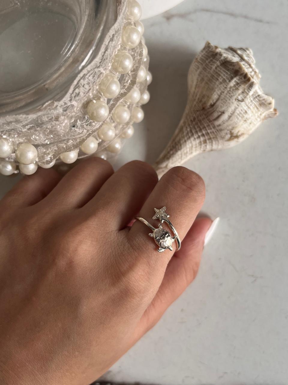 Adjustable Tortoise Starfish Silver Ring