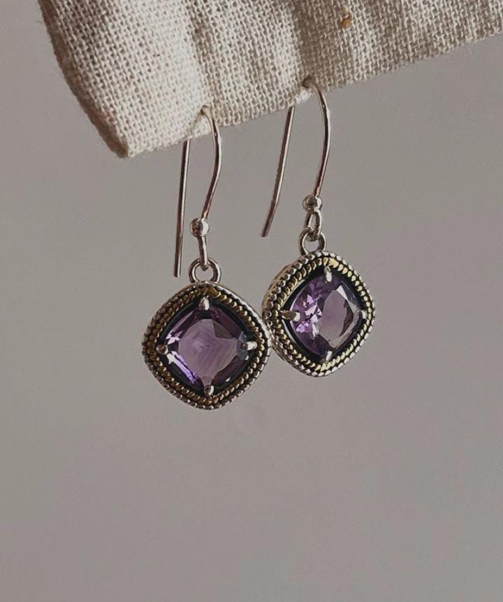 Handmade Amethyst Cushion Cut 925 Sterling Silver Earrings with Hook Design 