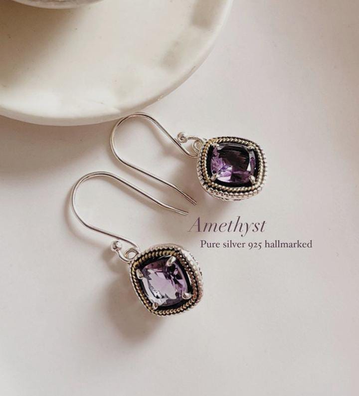 Amethyst 925 Sterling Silver Cushion Cut Hook Earrings