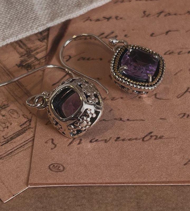 925 Sterling Silver Amethyst Cushion Cut Hook Earrings