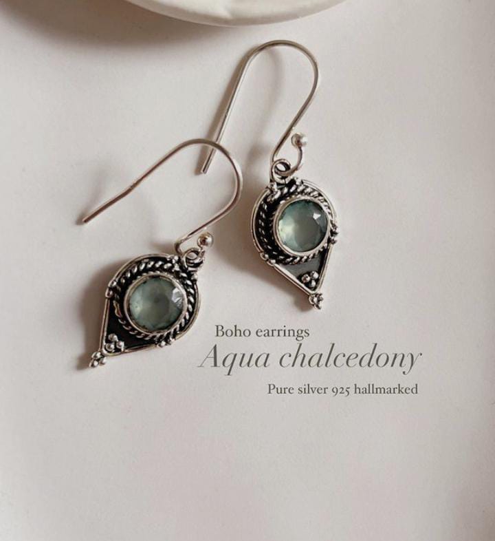 Boho-style 925 Sterling Silver earrings featuring aqua chalcedony and Rawa detailing.