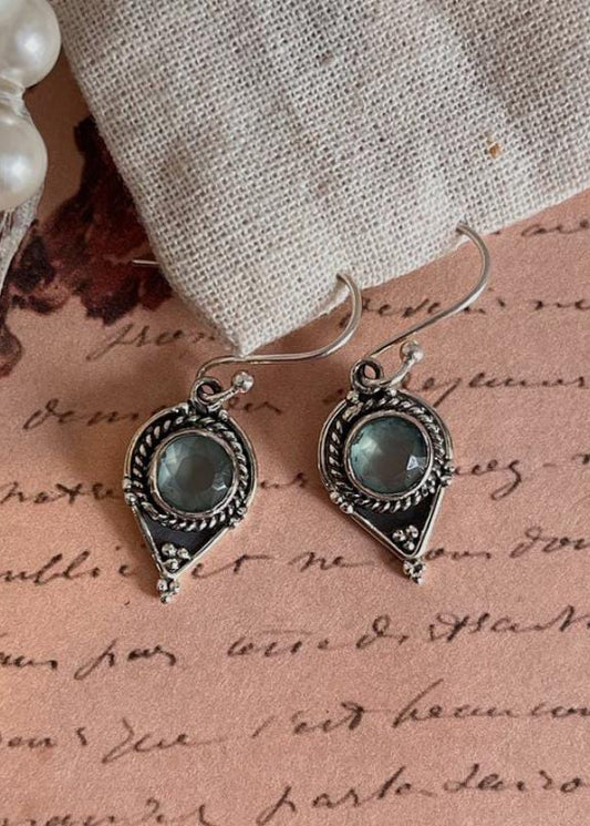 Elegant aqua chalcedony 925 Sterling Silver earrings with intricate Rawa design.