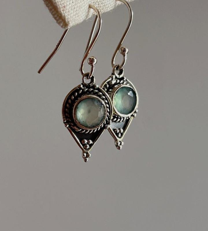Handcrafted 925 Sterling Silver earrings with aqua chalcedony stones and boho Rawa accents.