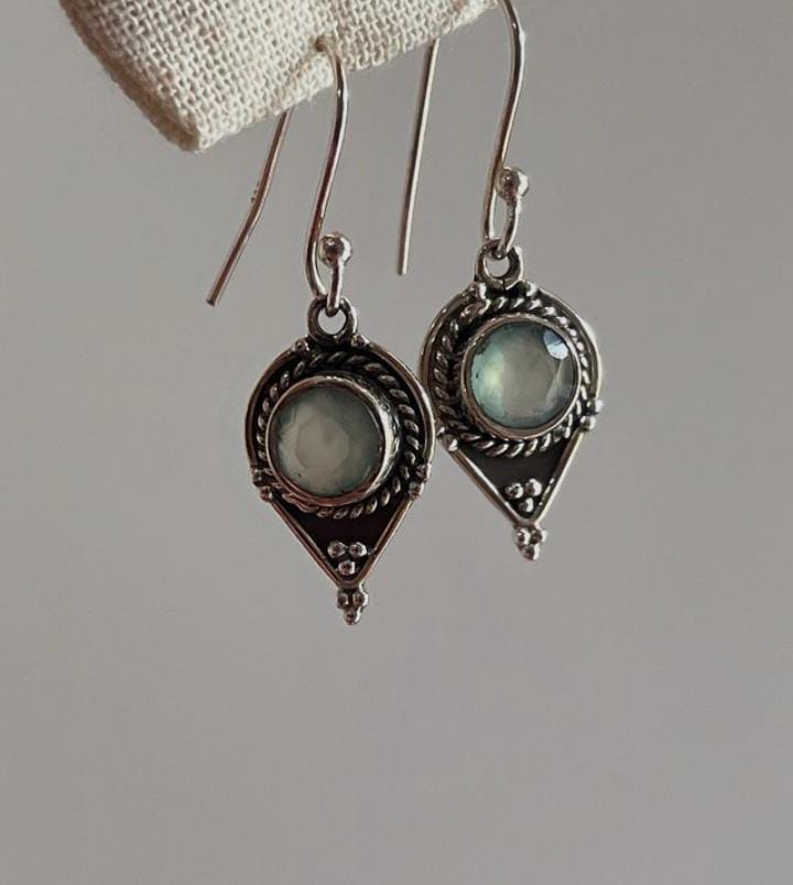 Aqua chalcedony 925 Sterling Silver earrings with boho-inspired Rawa design.