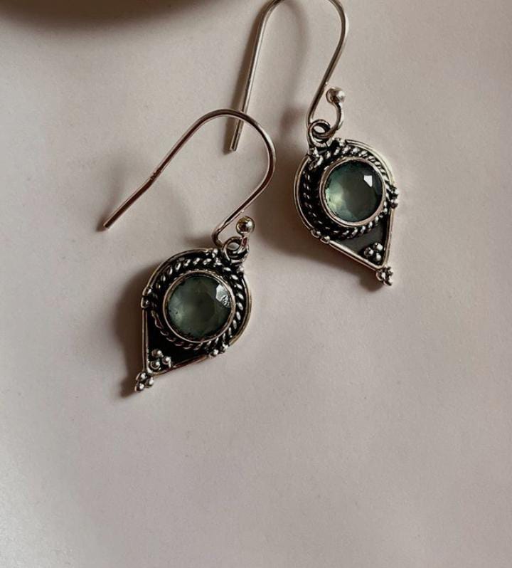 Sleek 925 Sterling Silver earrings with aqua chalcedony and boho Rawa design elements.