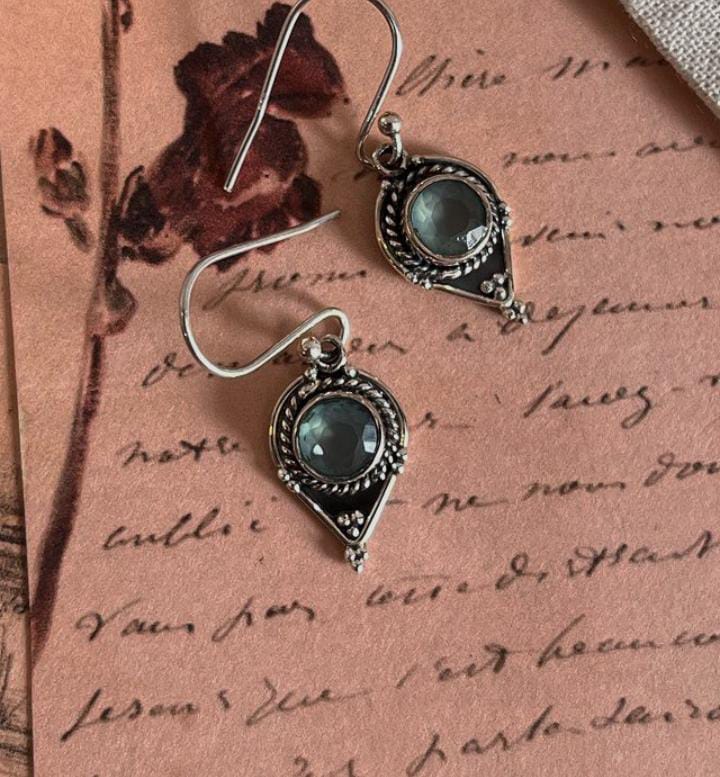 Unique aqua chalcedony earrings in 925 Sterling Silver with boho Rawa detailing.
