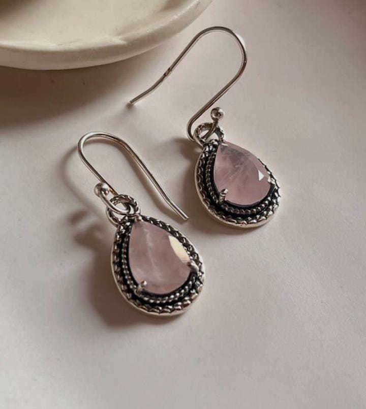 Elegant pear-cut rose quartz 925 sterling silver earrings with boho hook design
