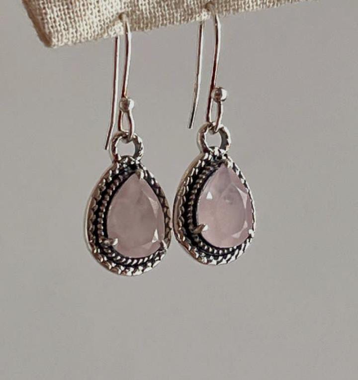 Rose quartz pear-shaped boho hook 925 sterling silver earrings