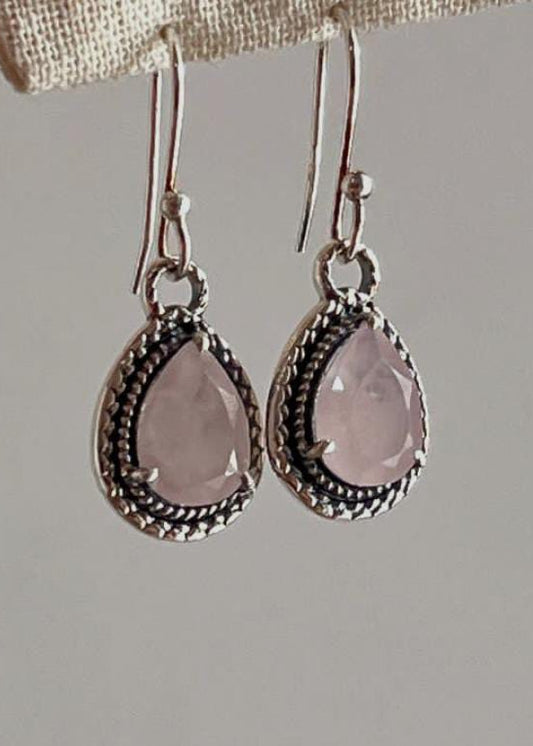 Rose quartz pear-shaped boho hook 925 sterling silver earrings