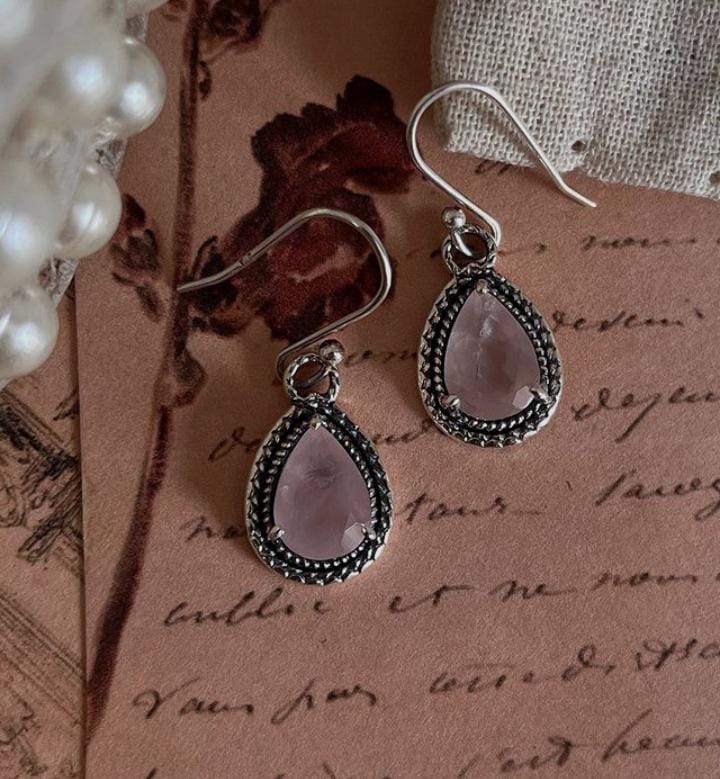 Delicate rose quartz pear earrings with 925 sterling silver boho hooks
